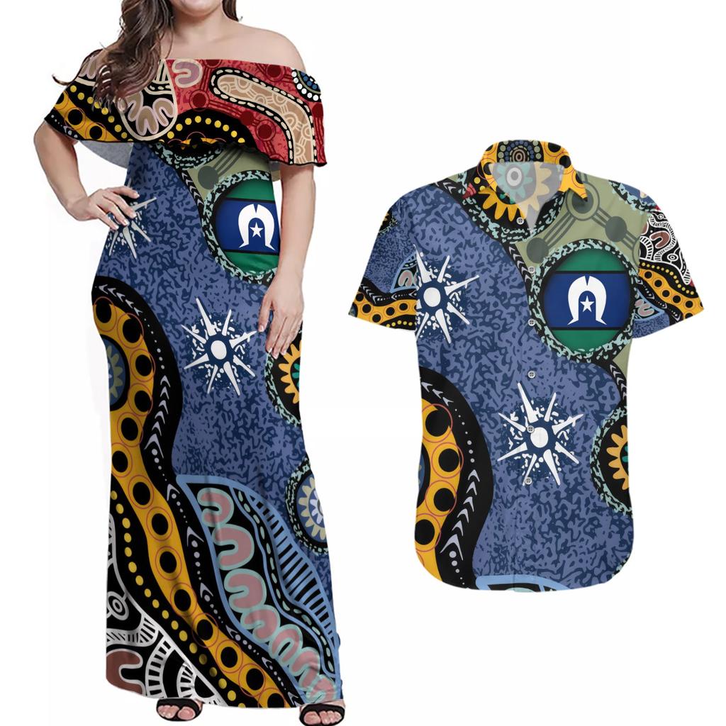 Torest Trait Islands Mix Aboriginal Pattern Couples Matching Off Shoulder Maxi Dress and Hawaiian Shirt