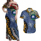 Torest Trait Islands Mix Aboriginal Pattern Couples Matching Off Shoulder Maxi Dress and Hawaiian Shirt