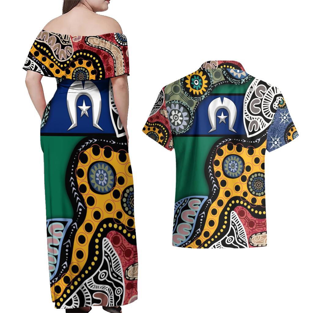 Torest Trait Islands Mix Aboriginal Pattern Couples Matching Off Shoulder Maxi Dress and Hawaiian Shirt