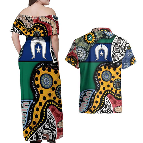 Torest Trait Islands Mix Aboriginal Pattern Couples Matching Off Shoulder Maxi Dress and Hawaiian Shirt