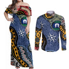 Torest Trait Islands Mix Aboriginal Pattern Couples Matching Off Shoulder Maxi Dress and Long Sleeve Button Shirt