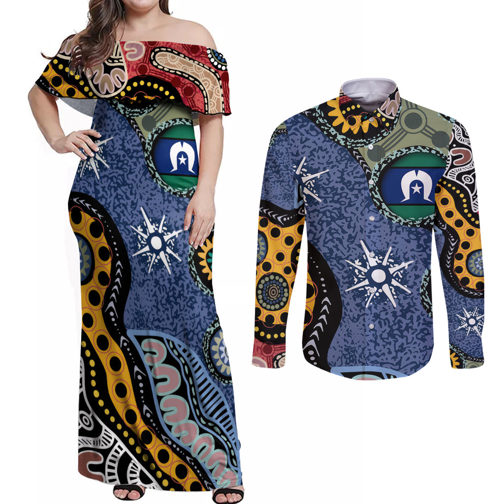 Torest Trait Islands Mix Aboriginal Pattern Couples Matching Off Shoulder Maxi Dress and Long Sleeve Button Shirt