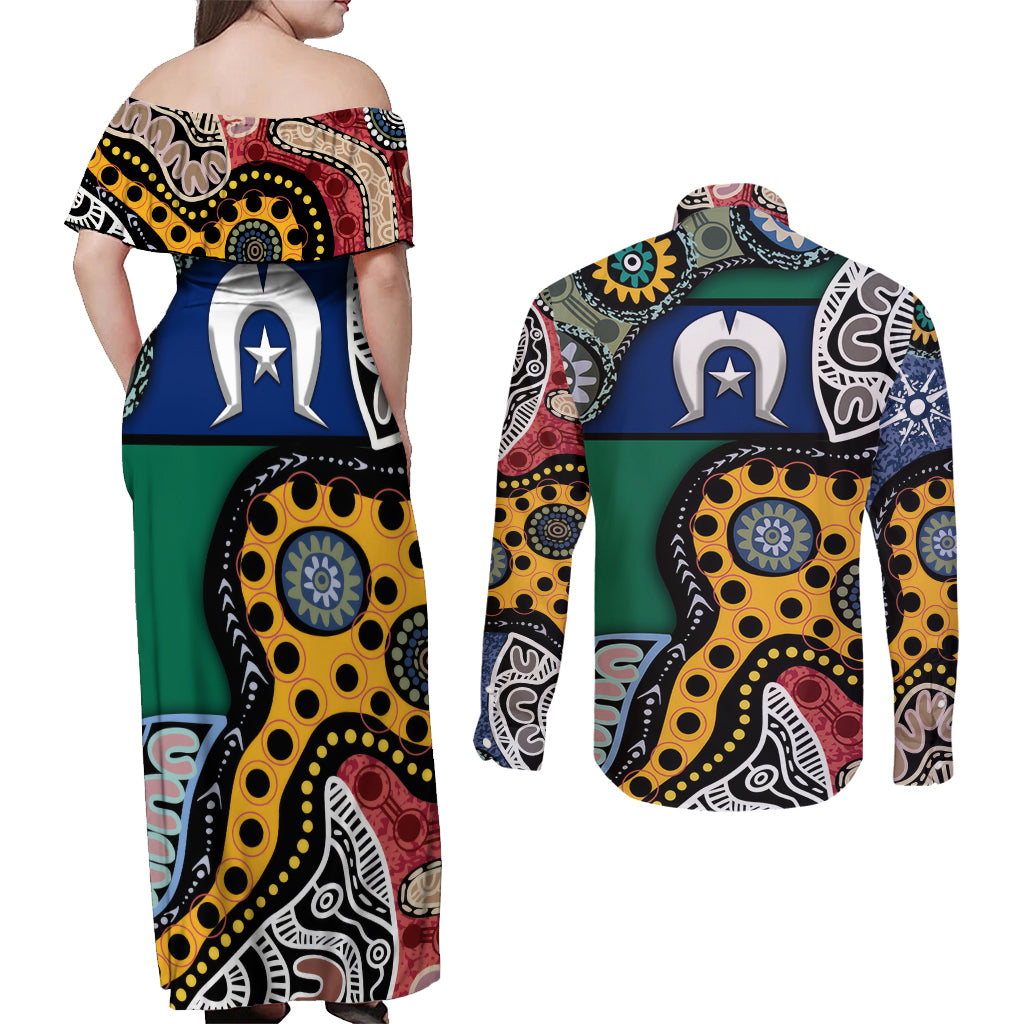 Torest Trait Islands Mix Aboriginal Pattern Couples Matching Off Shoulder Maxi Dress and Long Sleeve Button Shirt