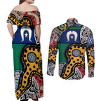 Torest Trait Islands Mix Aboriginal Pattern Couples Matching Off Shoulder Maxi Dress and Long Sleeve Button Shirt