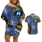 Torest Trait Islands Mix Aboriginal Pattern Couples Matching Off Shoulder Short Dress and Hawaiian Shirt