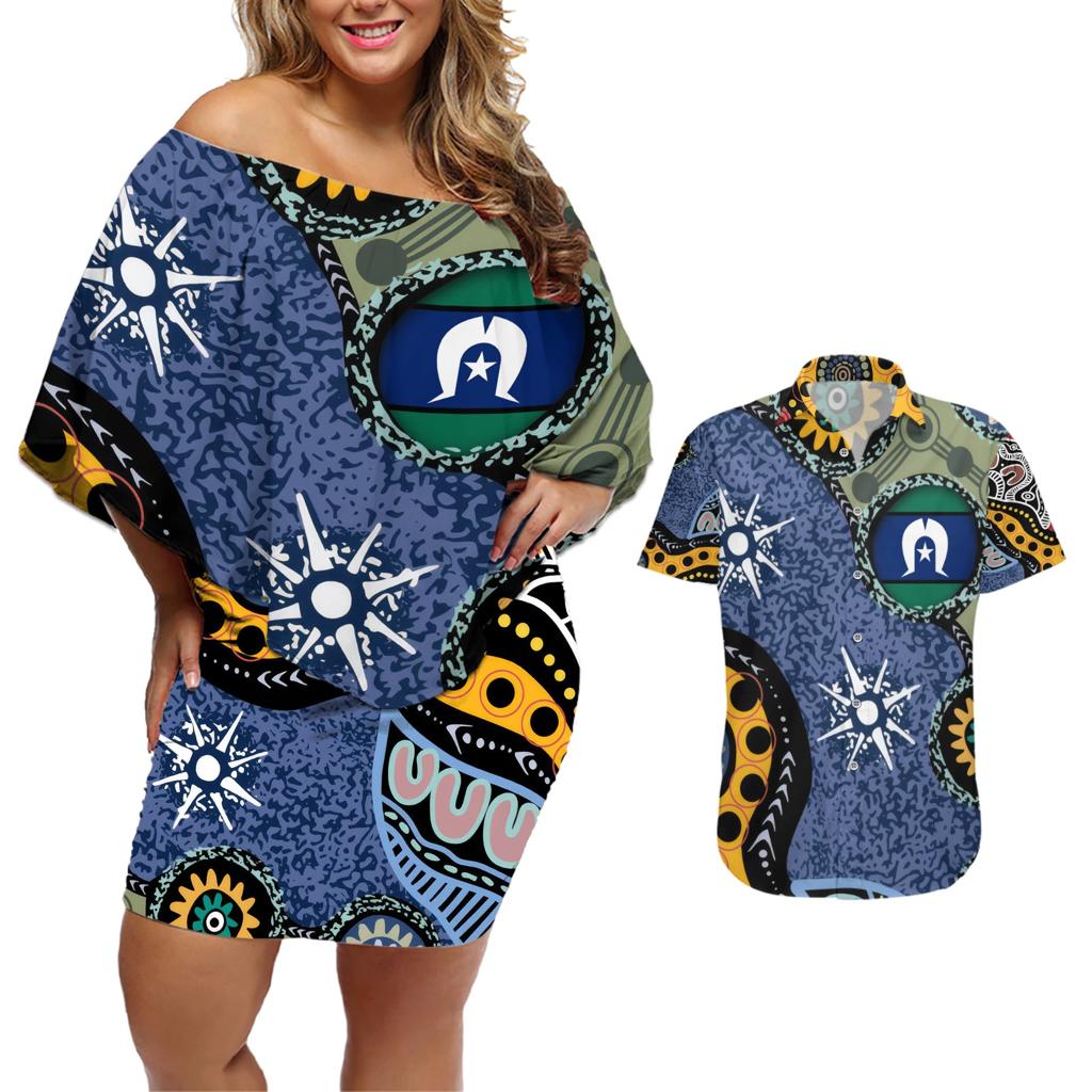 Torest Trait Islands Mix Aboriginal Pattern Couples Matching Off Shoulder Short Dress and Hawaiian Shirt