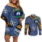 Torest Trait Islands Mix Aboriginal Pattern Couples Matching Off Shoulder Short Dress and Long Sleeve Button Shirt