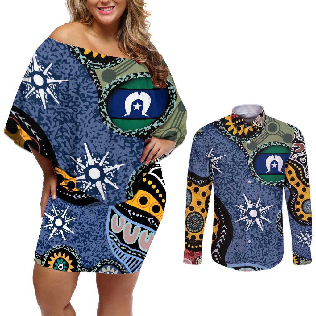Torest Trait Islands Mix Aboriginal Pattern Couples Matching Off Shoulder Short Dress and Long Sleeve Button Shirt