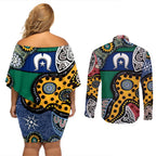 Torest Trait Islands Mix Aboriginal Pattern Couples Matching Off Shoulder Short Dress and Long Sleeve Button Shirt