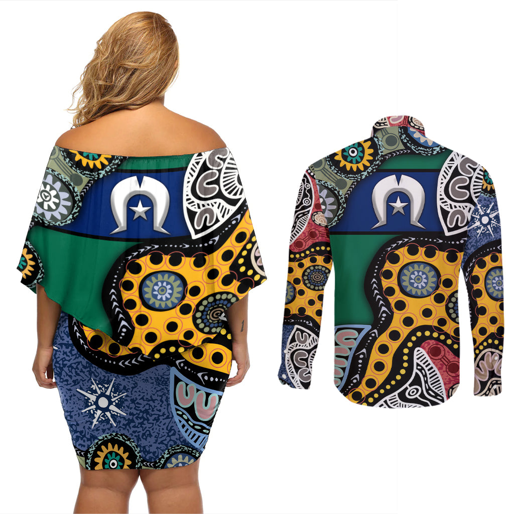 Torest Trait Islands Mix Aboriginal Pattern Couples Matching Off Shoulder Short Dress and Long Sleeve Button Shirt