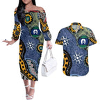 Torest Trait Islands Mix Aboriginal Pattern Couples Matching Off The Shoulder Long Sleeve Dress and Hawaiian Shirt