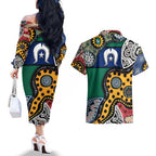 Torest Trait Islands Mix Aboriginal Pattern Couples Matching Off The Shoulder Long Sleeve Dress and Hawaiian Shirt