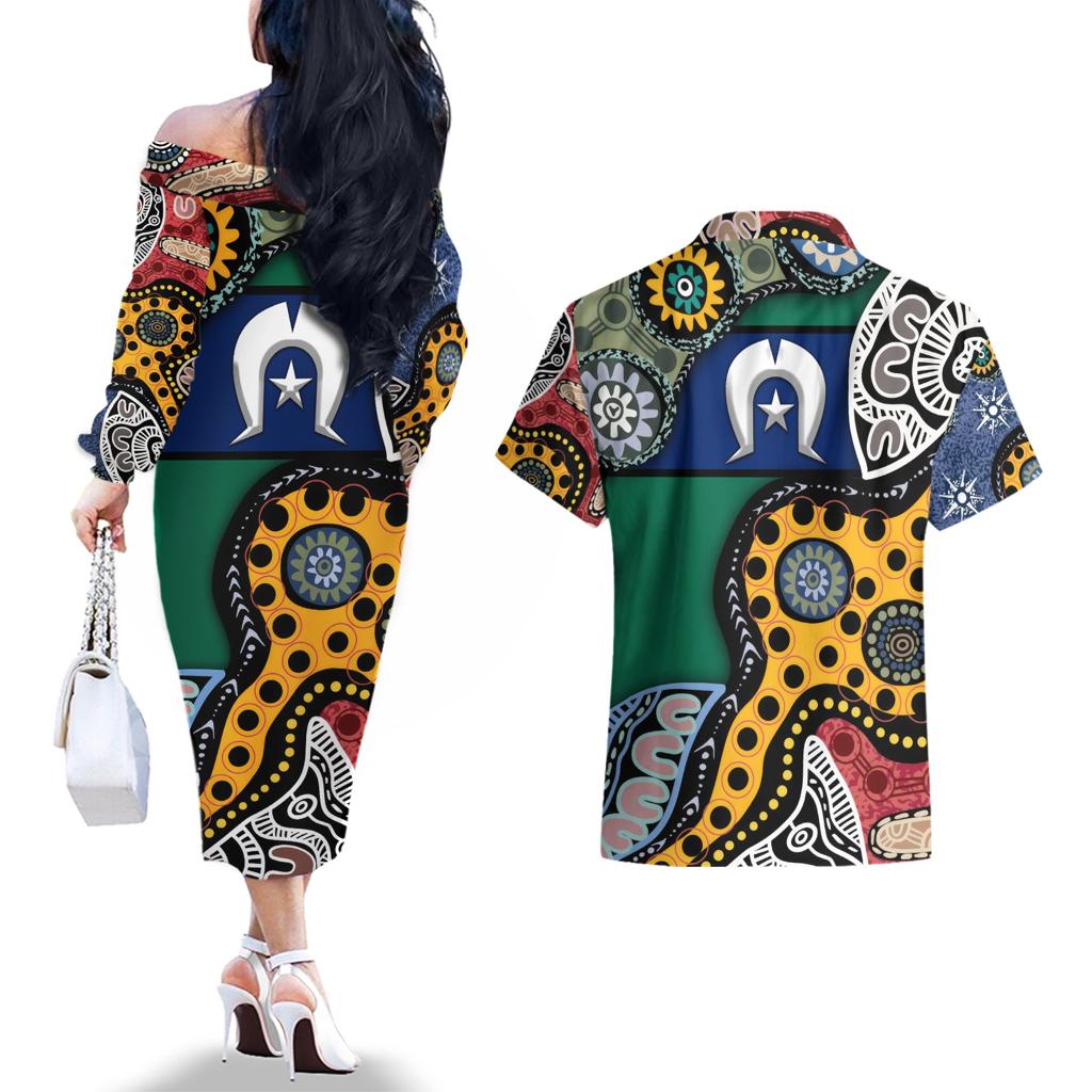 Torest Trait Islands Mix Aboriginal Pattern Couples Matching Off The Shoulder Long Sleeve Dress and Hawaiian Shirt