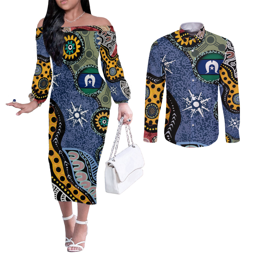 Torest Trait Islands Mix Aboriginal Pattern Couples Matching Off The Shoulder Long Sleeve Dress and Long Sleeve Button Shirt