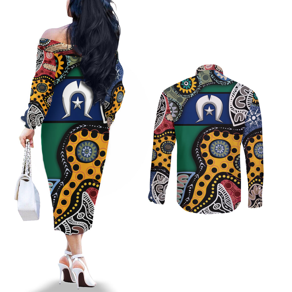 Torest Trait Islands Mix Aboriginal Pattern Couples Matching Off The Shoulder Long Sleeve Dress and Long Sleeve Button Shirt