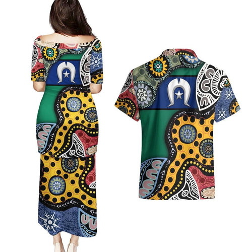 Torest Trait Islands Mix Aboriginal Pattern Couples Matching Puletasi and Hawaiian Shirt