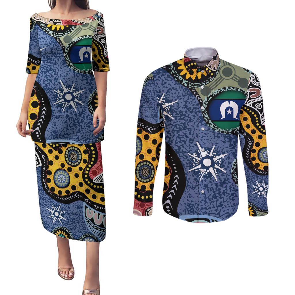 Torest Trait Islands Mix Aboriginal Pattern Couples Matching Puletasi and Long Sleeve Button Shirt