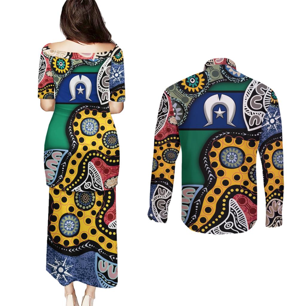 Torest Trait Islands Mix Aboriginal Pattern Couples Matching Puletasi and Long Sleeve Button Shirt
