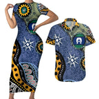 Torest Trait Islands Mix Aboriginal Pattern Couples Matching Short Sleeve Bodycon Dress and Hawaiian Shirt