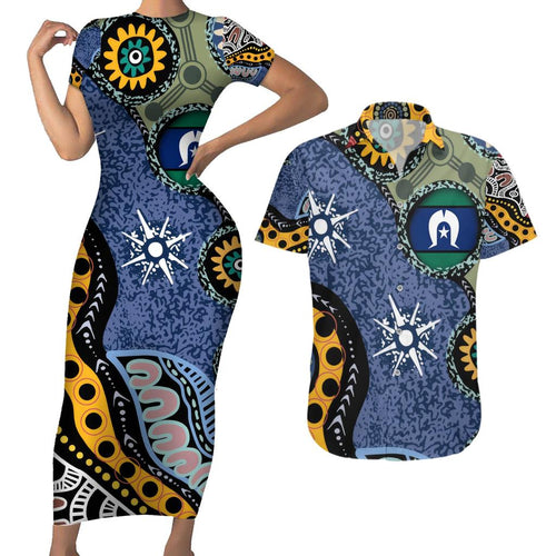 Torest Trait Islands Mix Aboriginal Pattern Couples Matching Short Sleeve Bodycon Dress and Hawaiian Shirt