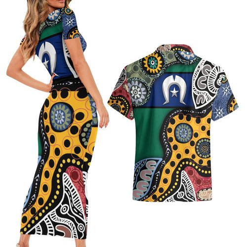 Torest Trait Islands Mix Aboriginal Pattern Couples Matching Short Sleeve Bodycon Dress and Hawaiian Shirt