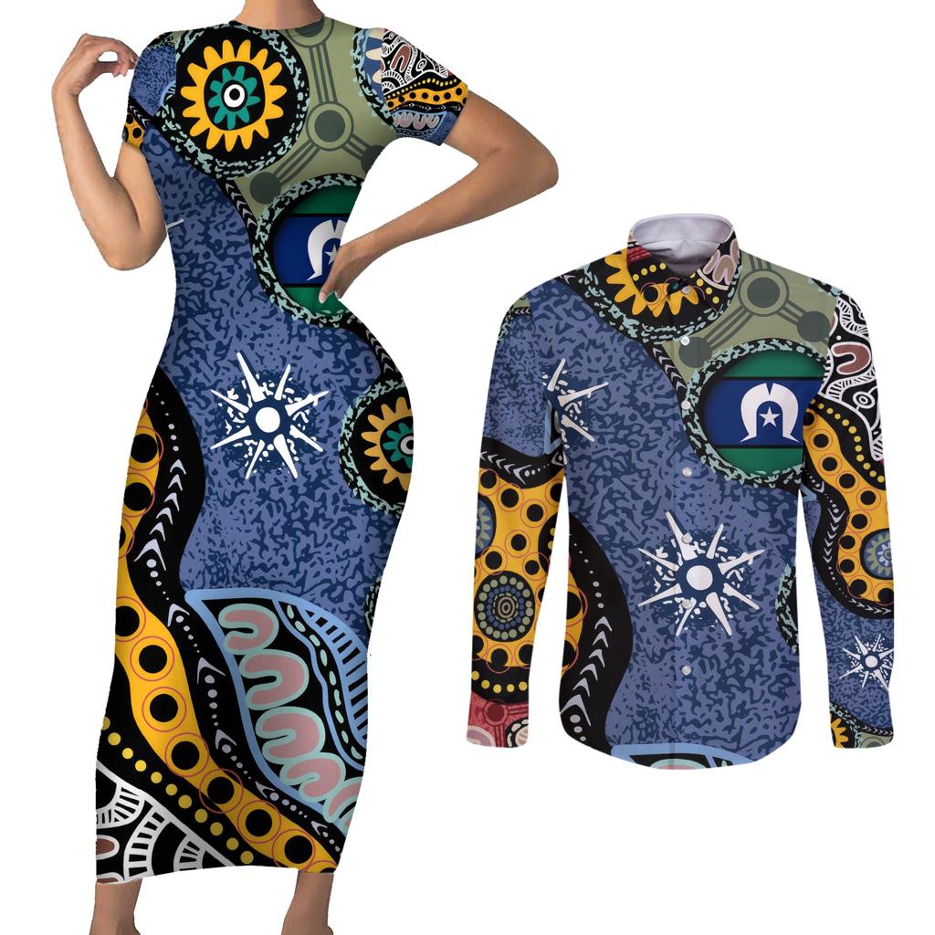Torest Trait Islands Mix Aboriginal Pattern Couples Matching Short Sleeve Bodycon Dress and Long Sleeve Button Shirt