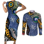 Torest Trait Islands Mix Aboriginal Pattern Couples Matching Short Sleeve Bodycon Dress and Long Sleeve Button Shirt