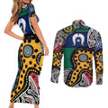 Torest Trait Islands Mix Aboriginal Pattern Couples Matching Short Sleeve Bodycon Dress and Long Sleeve Button Shirt