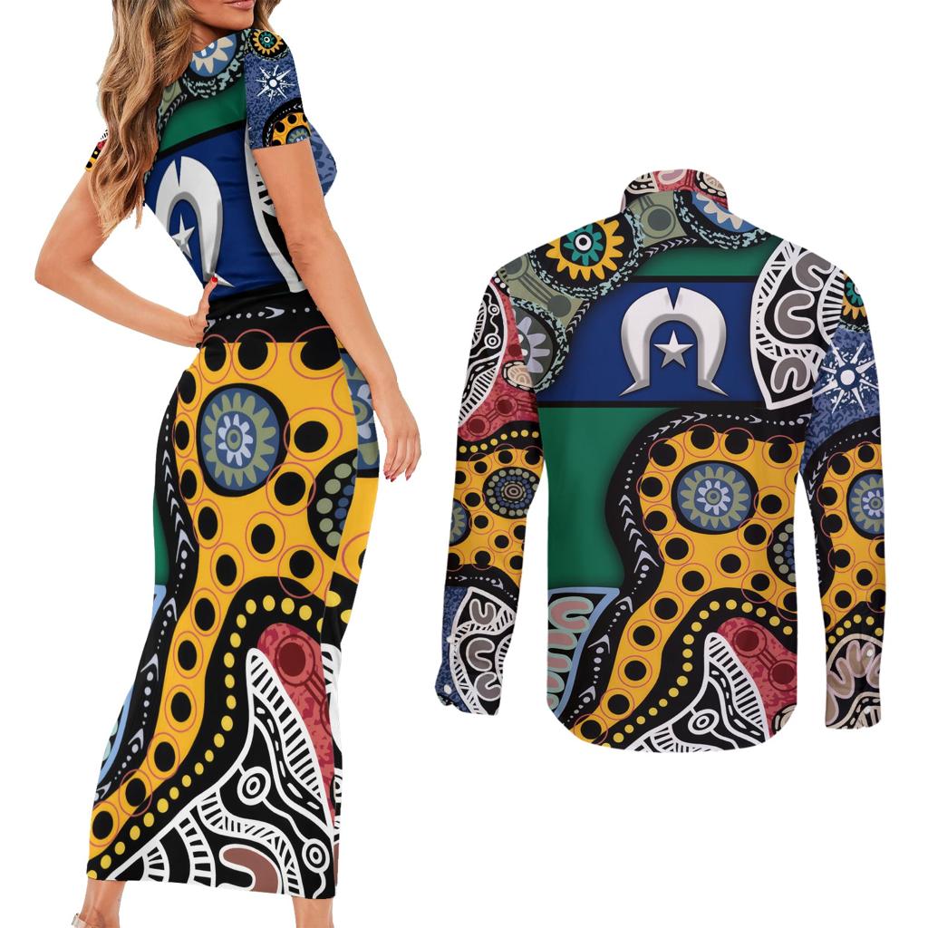 Torest Trait Islands Mix Aboriginal Pattern Couples Matching Short Sleeve Bodycon Dress and Long Sleeve Button Shirt