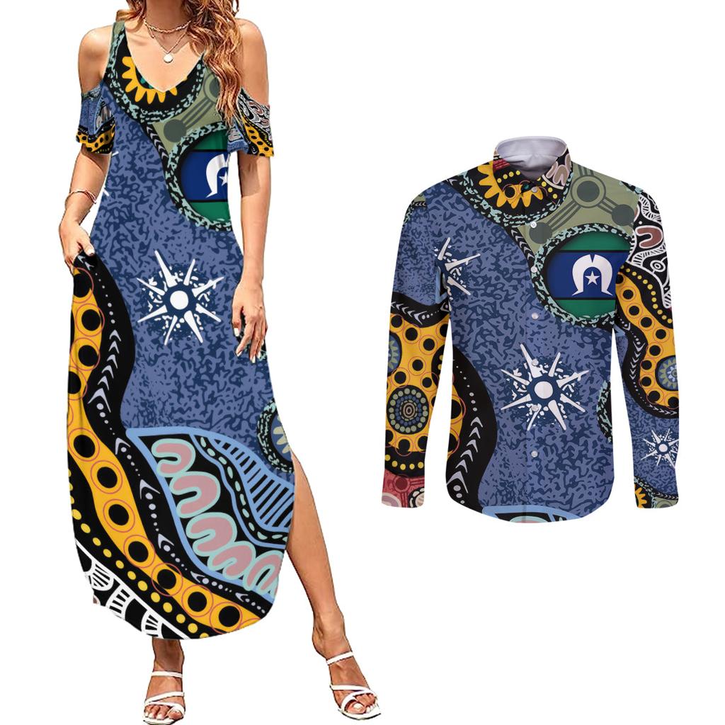 Torest Trait Islands Mix Aboriginal Pattern Couples Matching Summer Maxi Dress and Long Sleeve Button Shirt