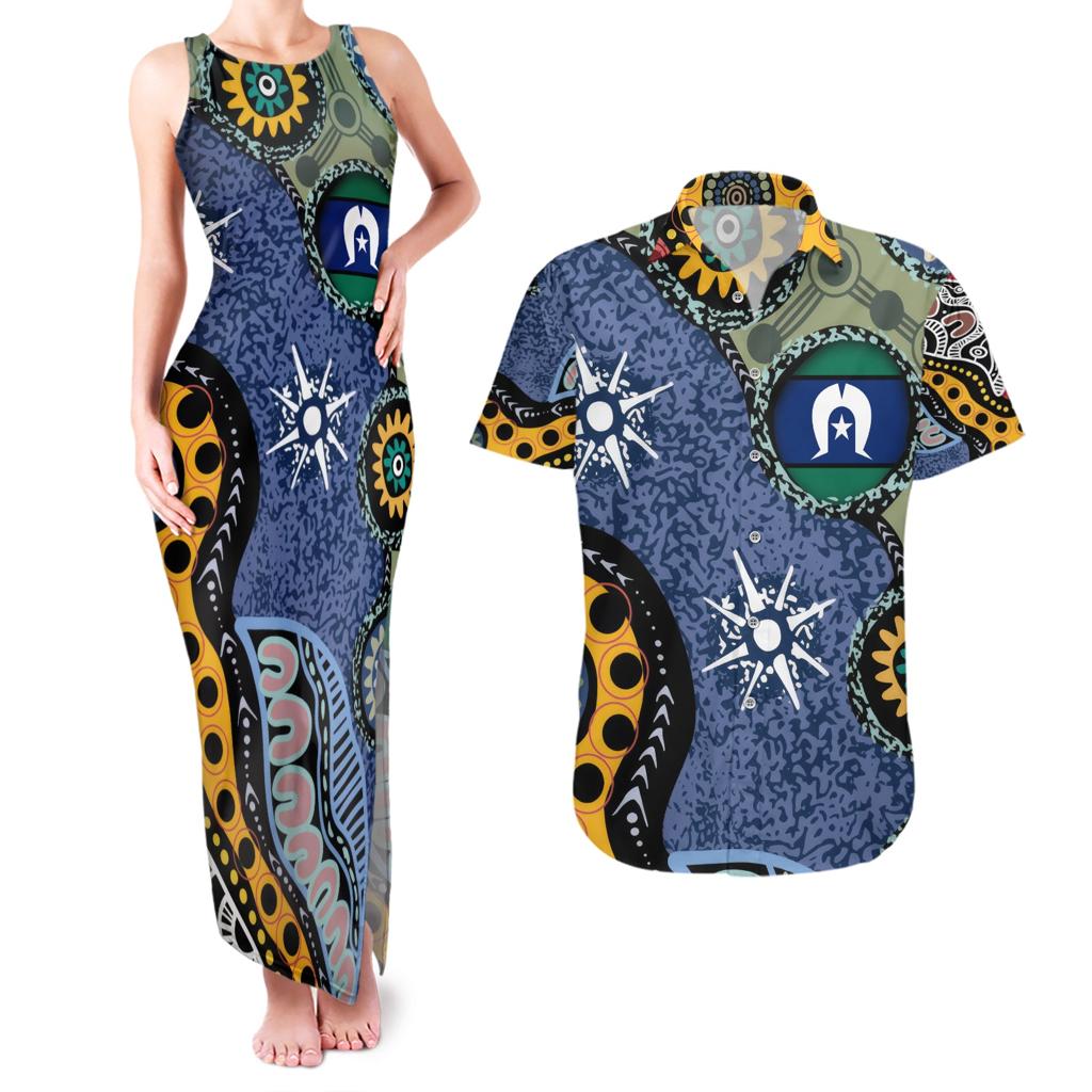 Torest Trait Islands Mix Aboriginal Pattern Couples Matching Tank Maxi Dress and Hawaiian Shirt