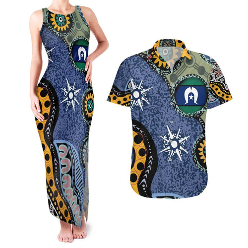 Torest Trait Islands Mix Aboriginal Pattern Couples Matching Tank Maxi Dress and Hawaiian Shirt