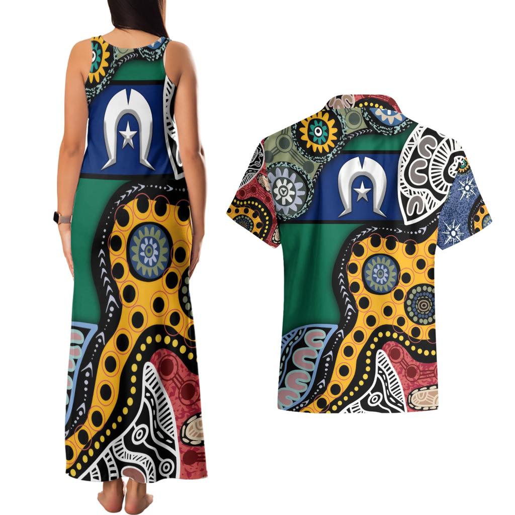 Torest Trait Islands Mix Aboriginal Pattern Couples Matching Tank Maxi Dress and Hawaiian Shirt