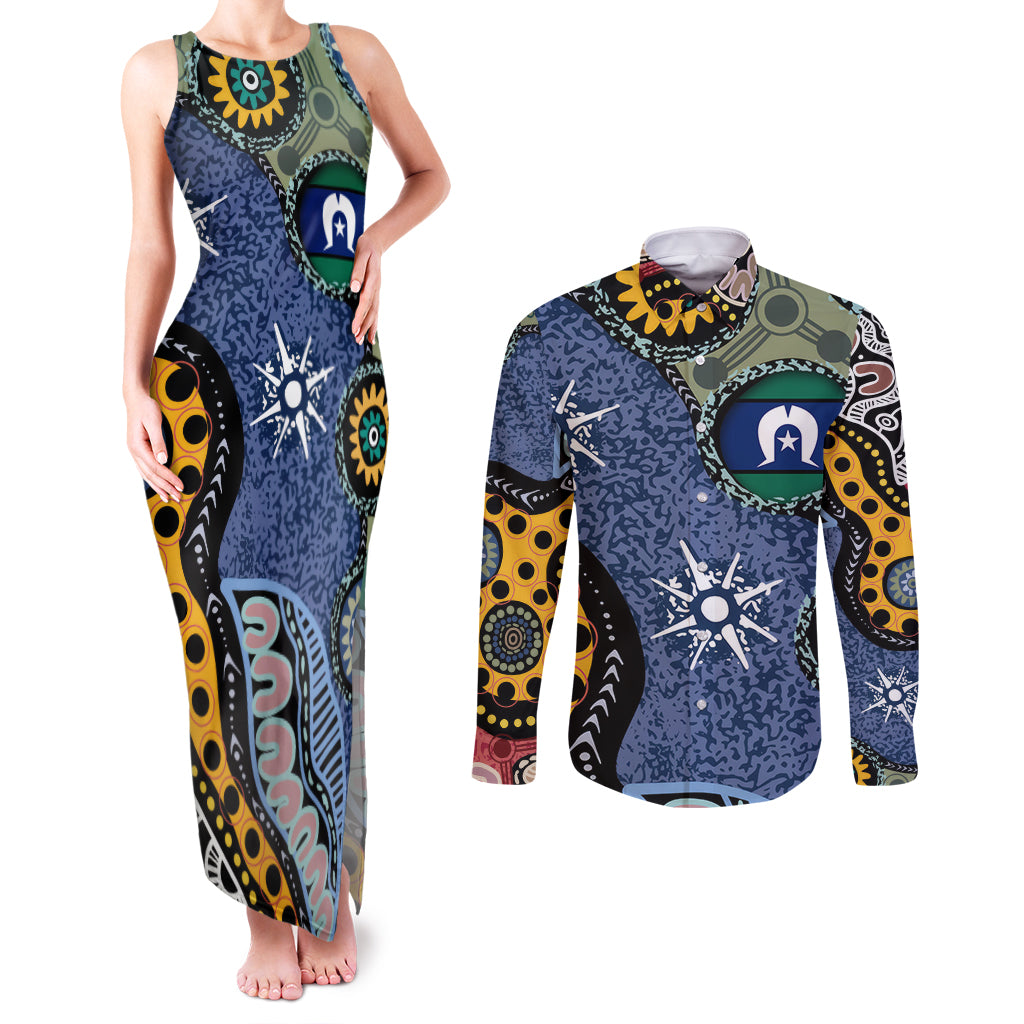 Torest Trait Islands Mix Aboriginal Pattern Couples Matching Tank Maxi Dress and Long Sleeve Button Shirt