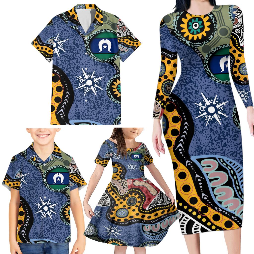 Torest Trait Islands Mix Aboriginal Pattern Family Matching Long Sleeve Bodycon Dress and Hawaiian Shirt