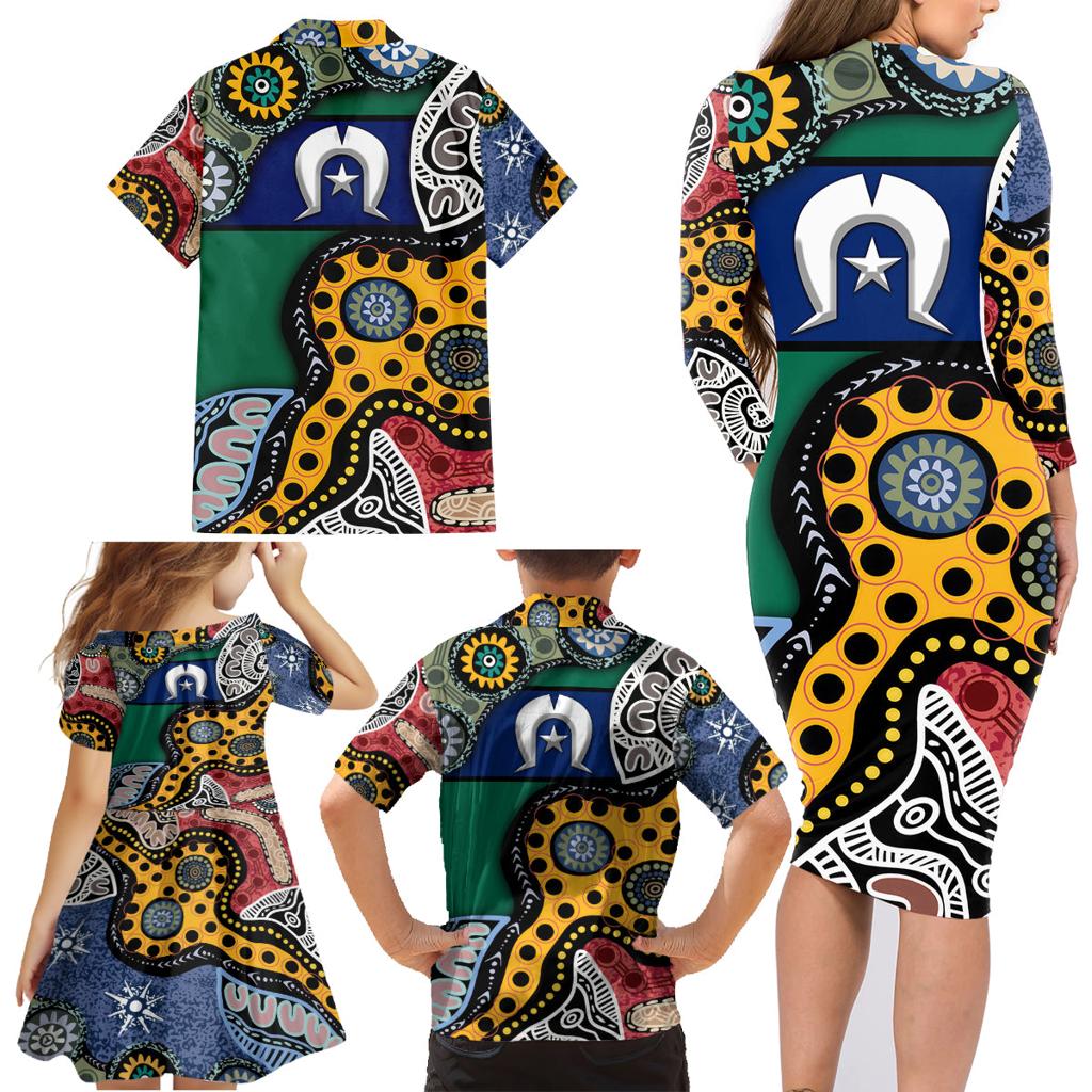 Torest Trait Islands Mix Aboriginal Pattern Family Matching Long Sleeve Bodycon Dress and Hawaiian Shirt