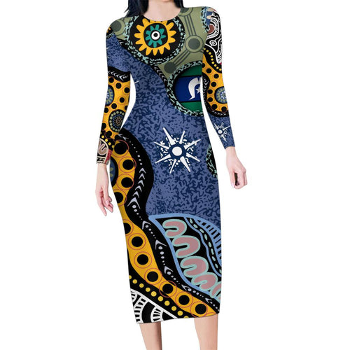 Torest Trait Islands Mix Aboriginal Pattern Family Matching Long Sleeve Bodycon Dress and Hawaiian Shirt