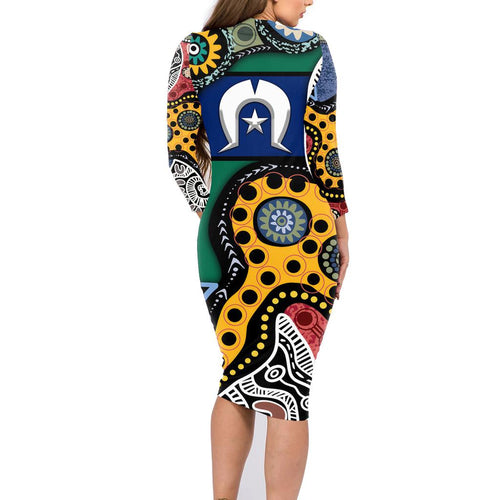 Torest Trait Islands Mix Aboriginal Pattern Family Matching Long Sleeve Bodycon Dress and Hawaiian Shirt