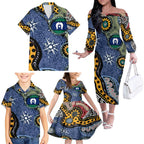 Torest Trait Islands Mix Aboriginal Pattern Family Matching Off Shoulder Long Sleeve Dress and Hawaiian Shirt