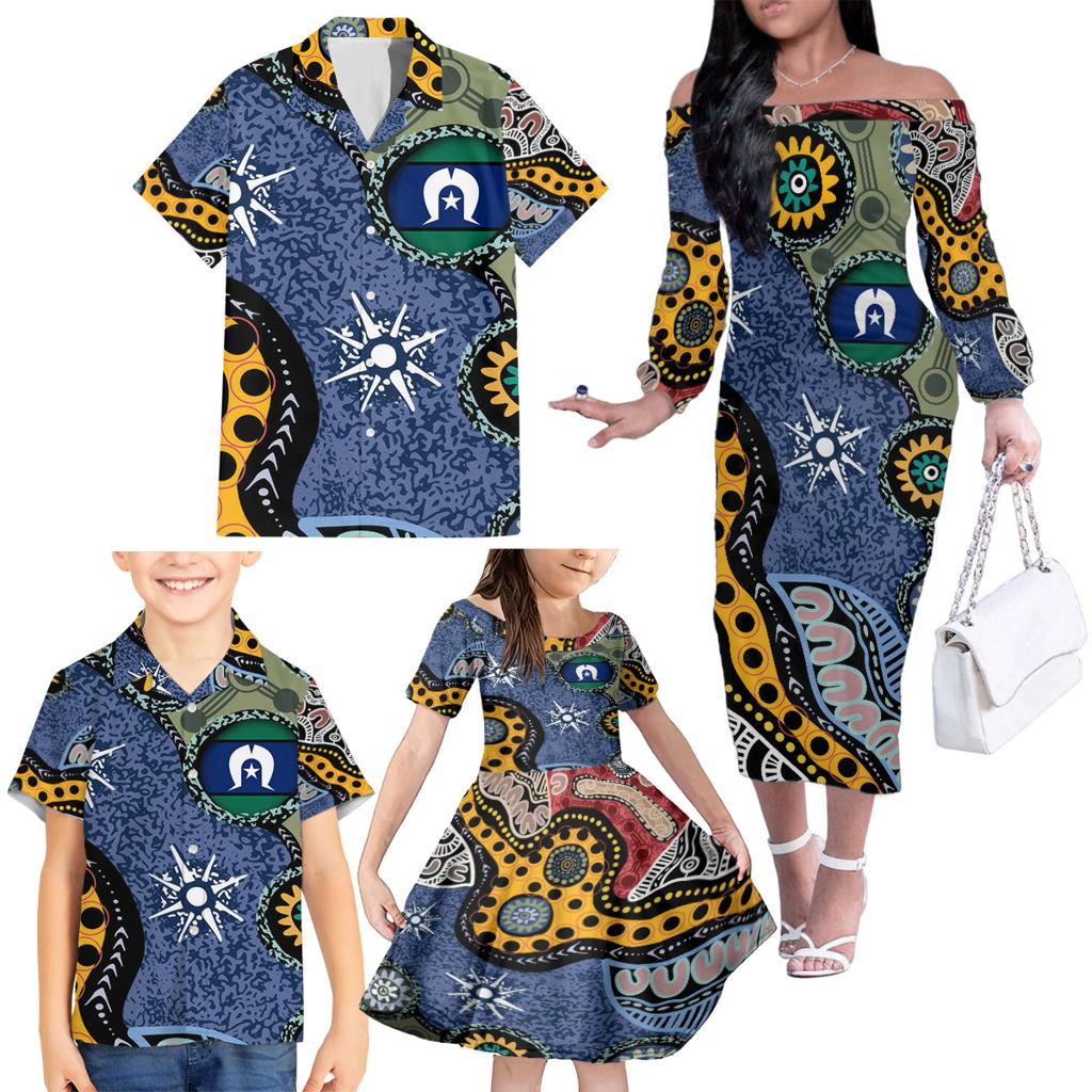 Torest Trait Islands Mix Aboriginal Pattern Family Matching Off Shoulder Long Sleeve Dress and Hawaiian Shirt