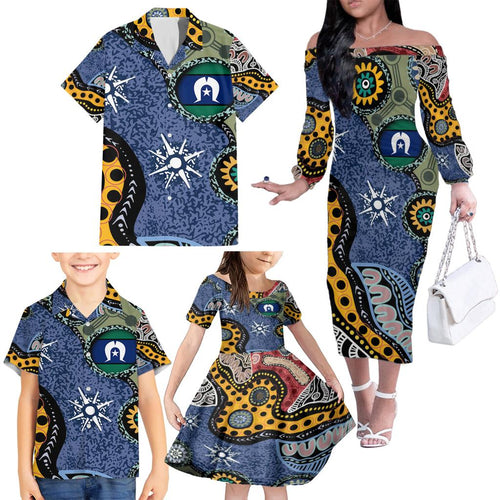 Torest Trait Islands Mix Aboriginal Pattern Family Matching Off Shoulder Long Sleeve Dress and Hawaiian Shirt