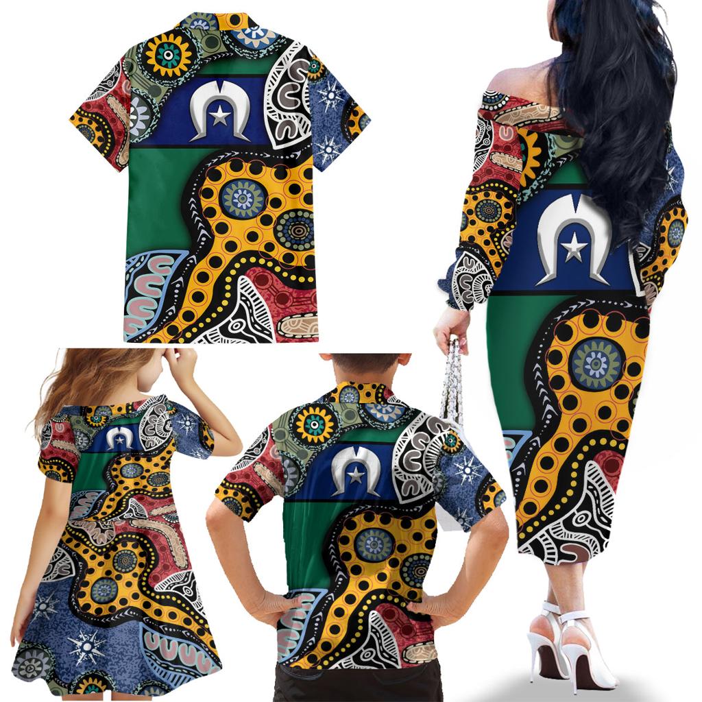 Torest Trait Islands Mix Aboriginal Pattern Family Matching Off Shoulder Long Sleeve Dress and Hawaiian Shirt