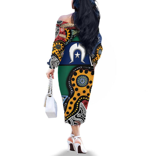 Torest Trait Islands Mix Aboriginal Pattern Family Matching Off Shoulder Long Sleeve Dress and Hawaiian Shirt
