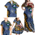 Torest Trait Islands Mix Aboriginal Pattern Family Matching Off Shoulder Maxi Dress and Hawaiian Shirt