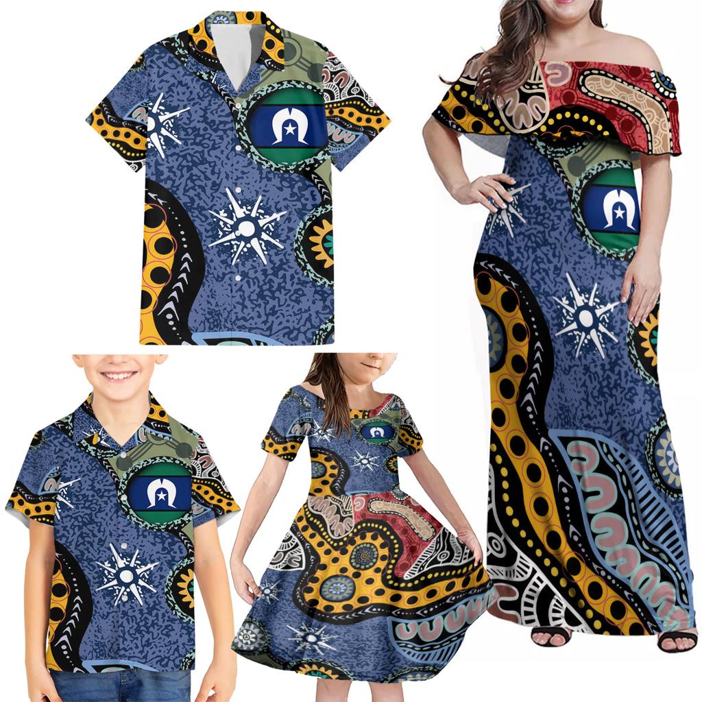 Torest Trait Islands Mix Aboriginal Pattern Family Matching Off Shoulder Maxi Dress and Hawaiian Shirt