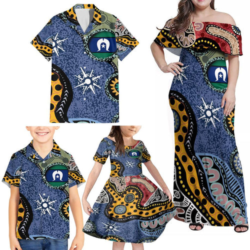 Torest Trait Islands Mix Aboriginal Pattern Family Matching Off Shoulder Maxi Dress and Hawaiian Shirt