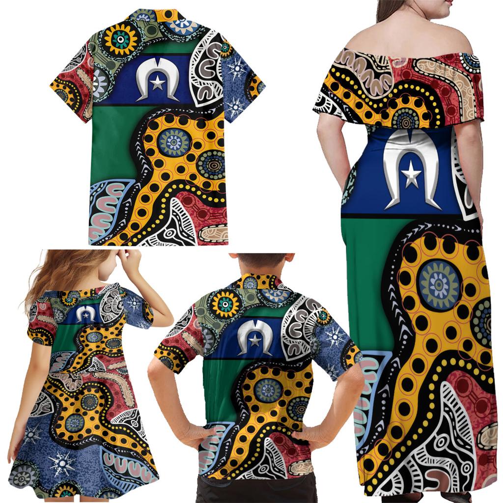 Torest Trait Islands Mix Aboriginal Pattern Family Matching Off Shoulder Maxi Dress and Hawaiian Shirt