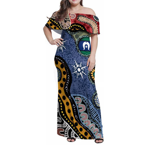 Torest Trait Islands Mix Aboriginal Pattern Family Matching Off Shoulder Maxi Dress and Hawaiian Shirt