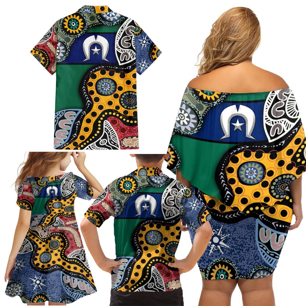 Torest Trait Islands Mix Aboriginal Pattern Family Matching Off Shoulder Short Dress and Hawaiian Shirt