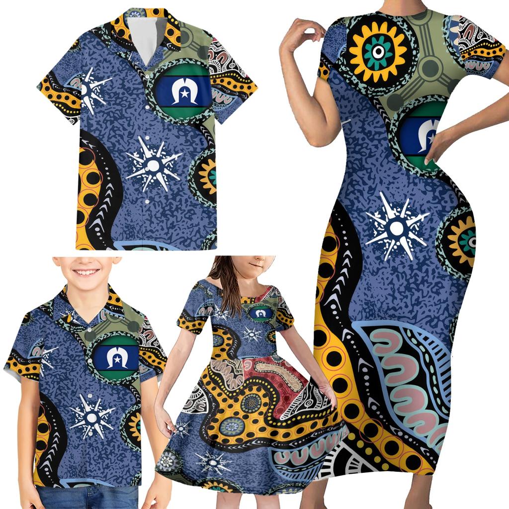 Torest Trait Islands Mix Aboriginal Pattern Family Matching Short Sleeve Bodycon Dress and Hawaiian Shirt